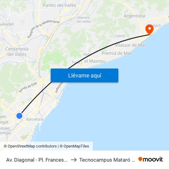 Av. Diagonal - Pl. Francesc Macià to Tecnocampus Mataró (Tcm3) map