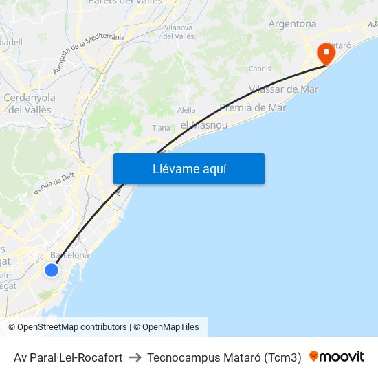 Av Paral·Lel-Rocafort to Tecnocampus Mataró (Tcm3) map