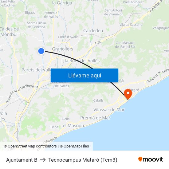 Ajuntament B to Tecnocampus Mataró (Tcm3) map