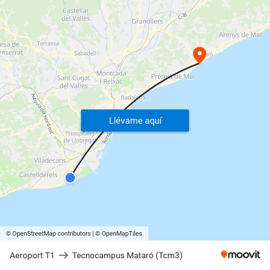 Aeroport T1 to Tecnocampus Mataró (Tcm3) map
