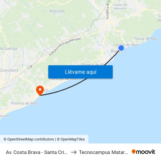 Av. Costa Brava - Santa Cristina (Ll-B) to Tecnocampus Mataró (Tcm3) map