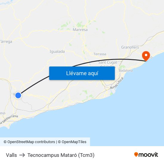 Valls to Tecnocampus Mataró (Tcm3) map