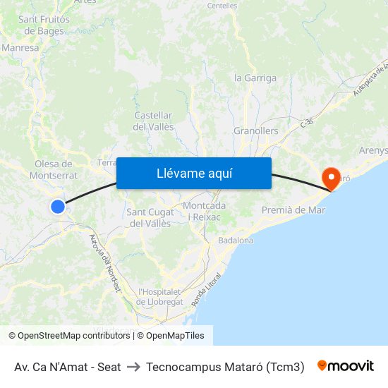 Av. Ca N'Amat - Seat to Tecnocampus Mataró (Tcm3) map