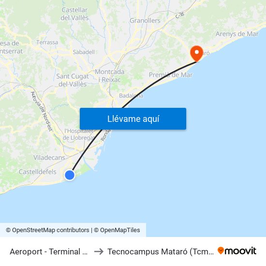 Aeroport - Terminal T1 to Tecnocampus Mataró (Tcm3) map