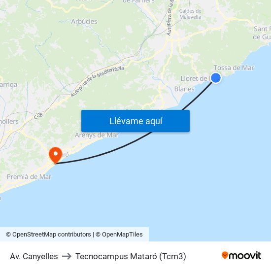 Av. Canyelles to Tecnocampus Mataró (Tcm3) map