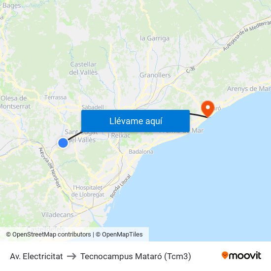 Av. Electricitat to Tecnocampus Mataró (Tcm3) map