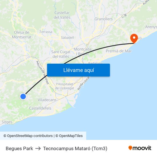 Begues Park to Tecnocampus Mataró (Tcm3) map