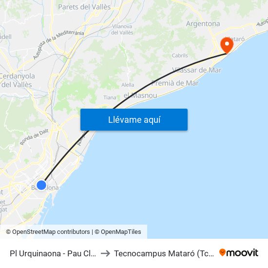 Pl Urquinaona - Pau Claris to Tecnocampus Mataró (Tcm3) map