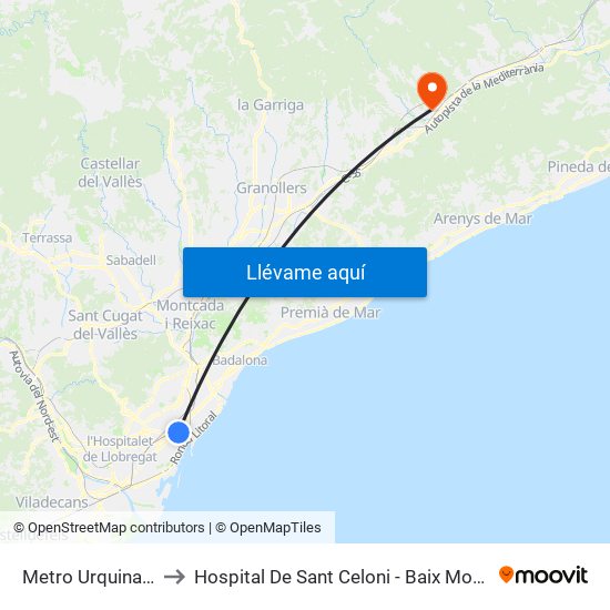 Metro Urquinaona to Hospital De Sant Celoni - Baix Montseny map