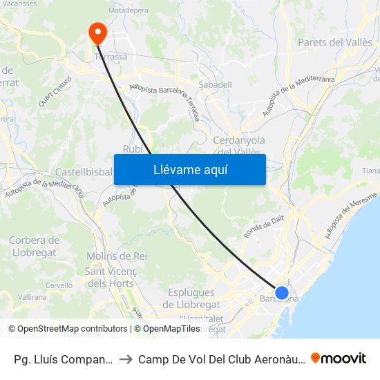 Pg. Lluís Companys-Arc De Triomf to Camp De Vol Del Club Aeronàutic Egara - Aeromodelisme map
