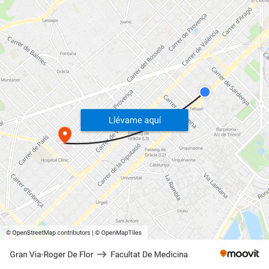 Gran Via-Roger De Flor to Facultat De Medicina map