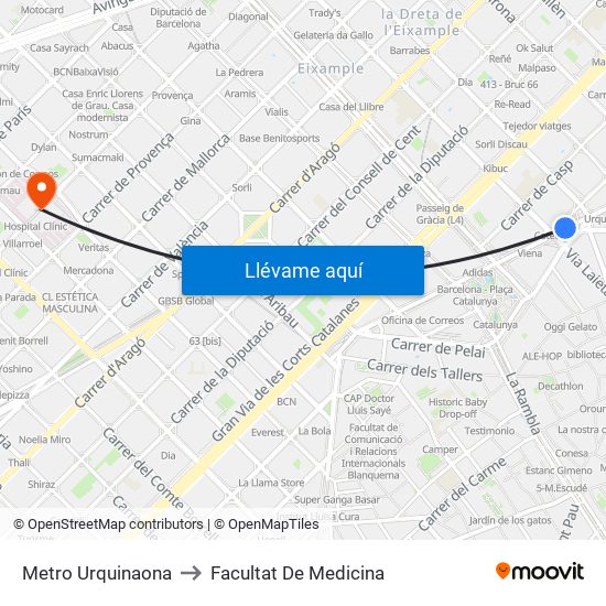 Metro Urquinaona to Facultat De Medicina map