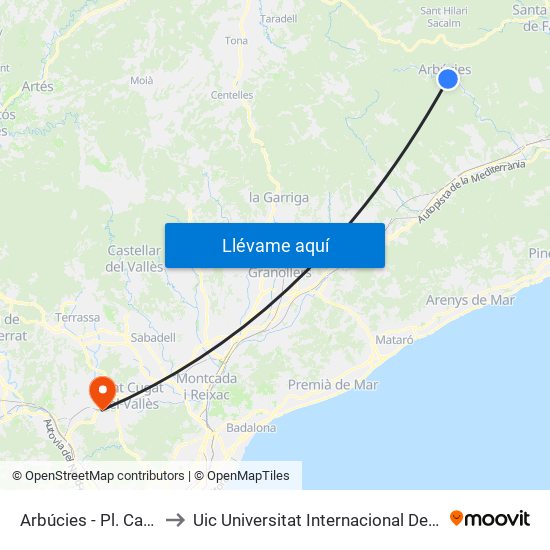 Arbúcies - Pl. Can Reus to Uic Universitat Internacional De Catalunya map