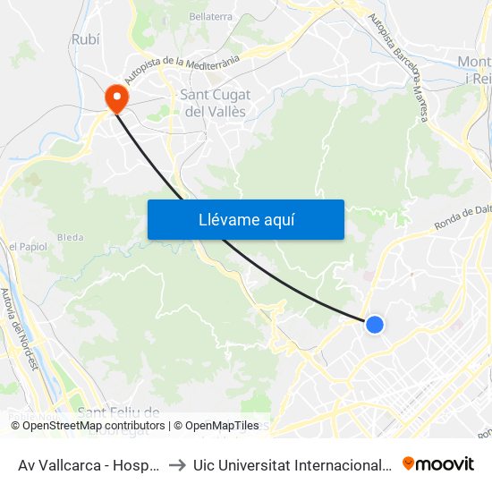 Av Vallcarca - Hospital Delfos to Uic Universitat Internacional De Catalunya map