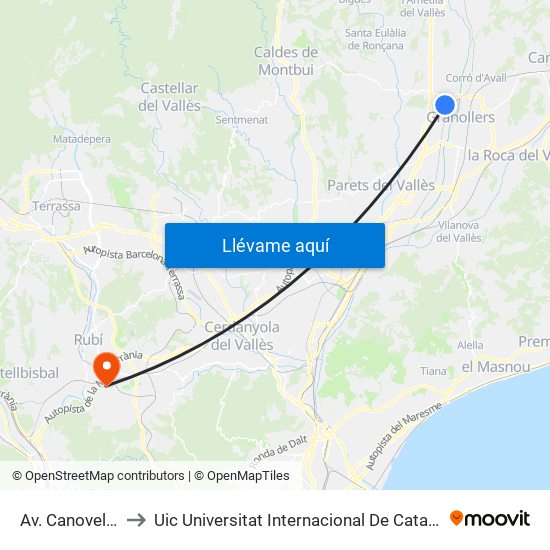 Av. Canovelles to Uic Universitat Internacional De Catalunya map