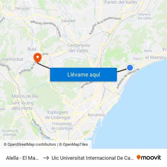 Alella - El Masnou to Uic Universitat Internacional De Catalunya map