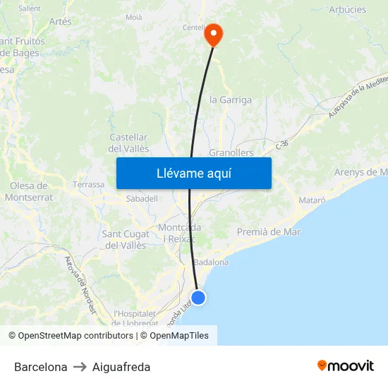 Barcelona to Aiguafreda map