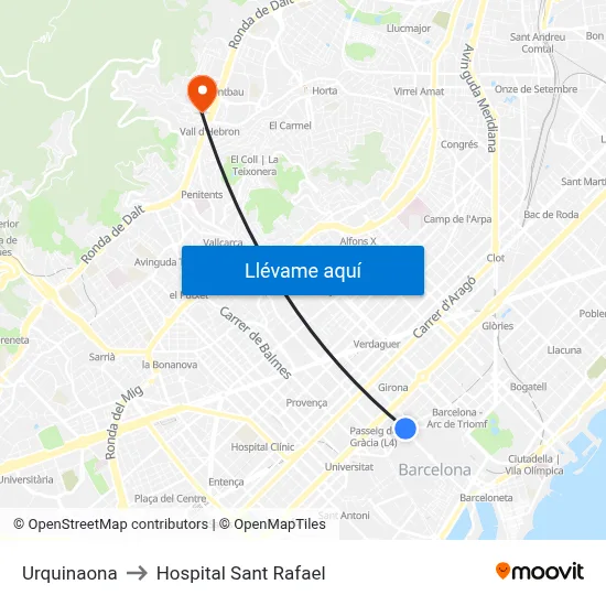 Urquinaona to Hospital Sant Rafael map