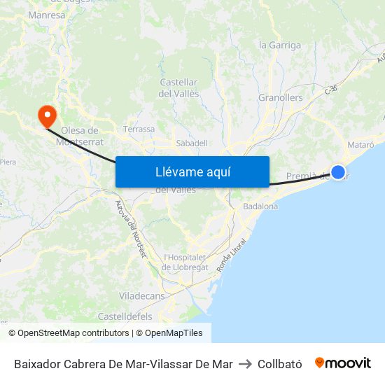 Baixador Cabrera De Mar-Vilassar De Mar to Collbató map