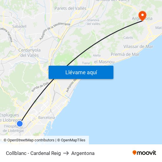 Collblanc - Cardenal Reig to Argentona map