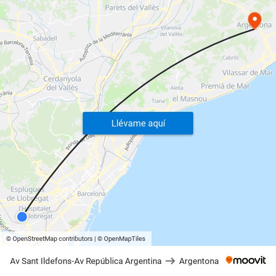Av Sant Ildefons-Av República Argentina to Argentona map