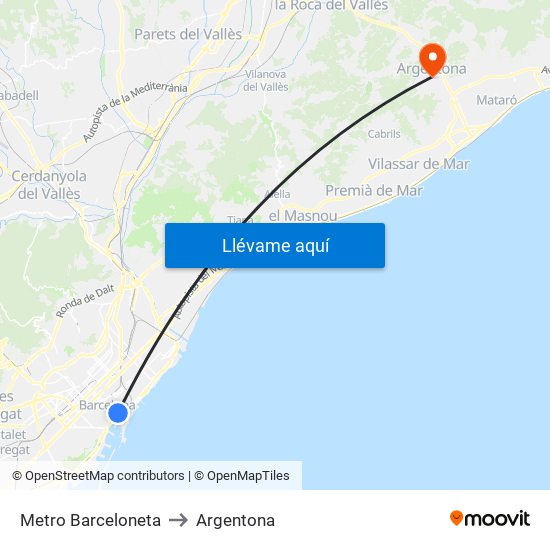 Metro Barceloneta to Argentona map