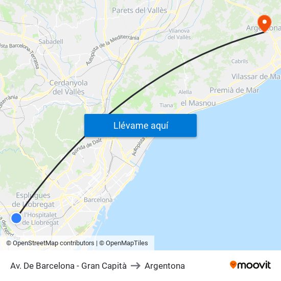 Av. De Barcelona - Gran Capità to Argentona map
