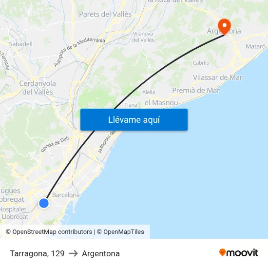 Tarragona, 129 to Argentona map