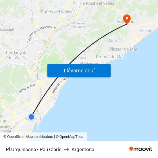 Pl Urquinaona - Pau Claris to Argentona map