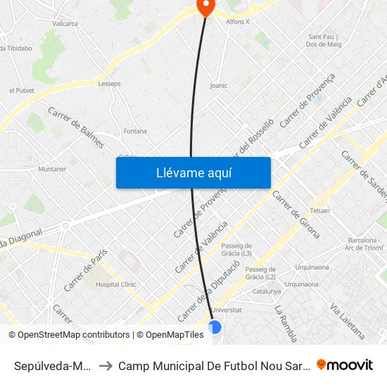 Sepúlveda-Muntaner to Camp Municipal De Futbol Nou Sardenya - Europa map