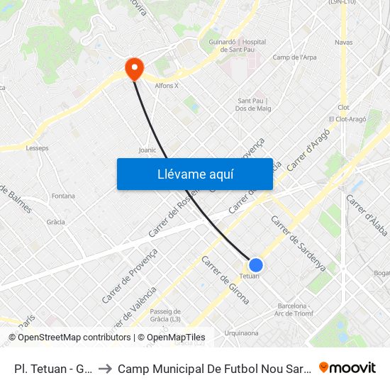 Pl. Tetuan - Gran Via to Camp Municipal De Futbol Nou Sardenya - Europa map