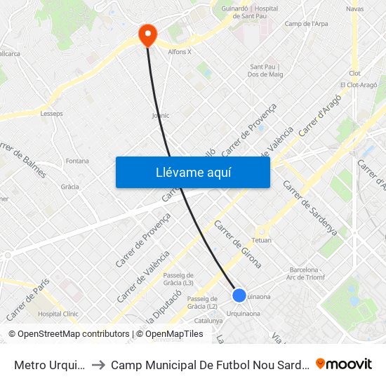 Metro Urquinaona to Camp Municipal De Futbol Nou Sardenya - Europa map