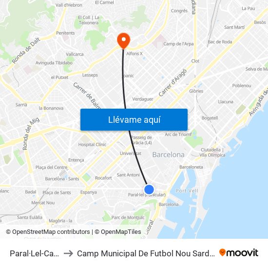 Paral·Lel-Cabanes to Camp Municipal De Futbol Nou Sardenya - Europa map