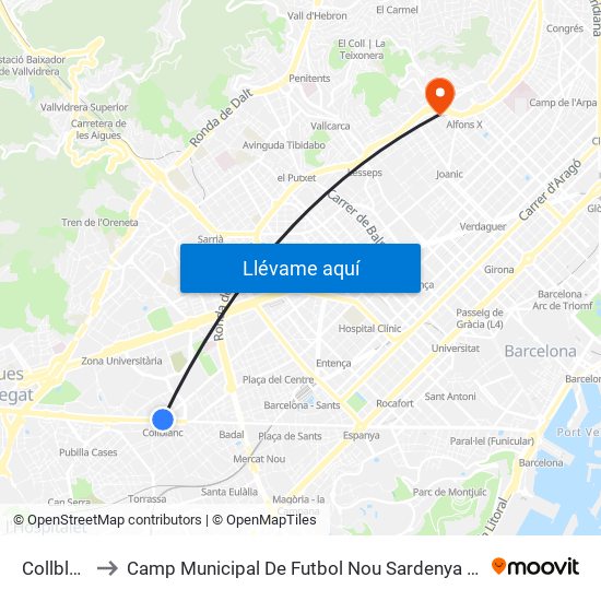 Collblanc to Camp Municipal De Futbol Nou Sardenya - Europa map