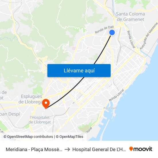 Meridiana - Plaça Mossèn Clapés to Hospital General De L'Hospitalet map