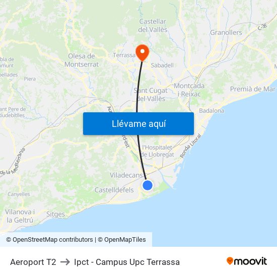 Aeroport T2 to Ipct - Campus Upc Terrassa map