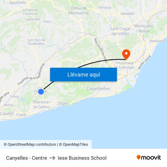 Canyelles - Centre to Iese Business School map