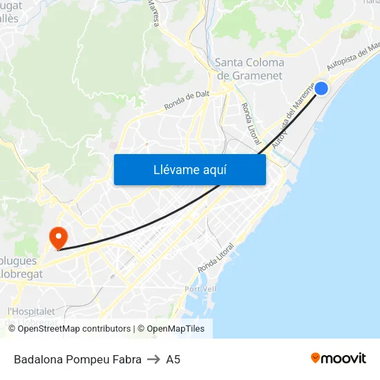 Badalona Pompeu Fabra to A5 map