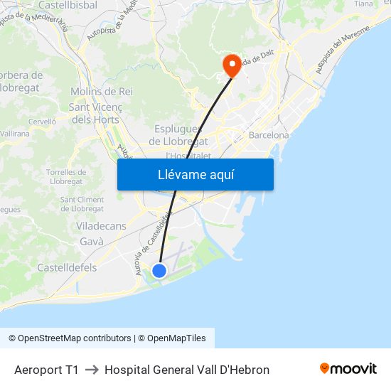Aeroport T1 to Hospital General Vall D'Hebron map