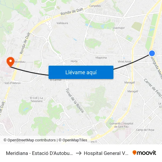 Meridiana - Estació D'Autobusos Fabra I Puig to Hospital General Vall D'Hebron map
