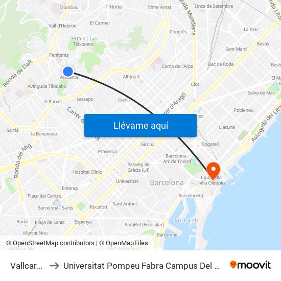 Vallcarca to Universitat Pompeu Fabra Campus Del Mar map