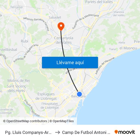 Pg. Lluís Companys-Arc De Triomf to Camp De Futbol Antoni Serra I Pujol map