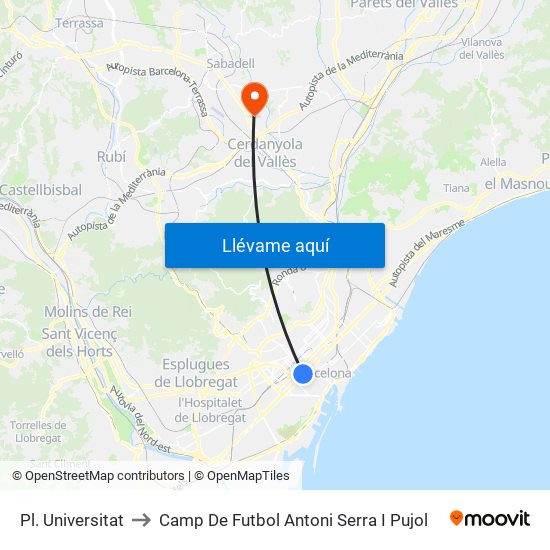 Pl. Universitat to Camp De Futbol Antoni Serra I Pujol map