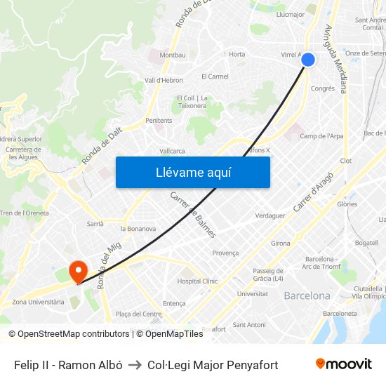 Felip II - Ramon Albó to Col·Legi Major Penyafort map