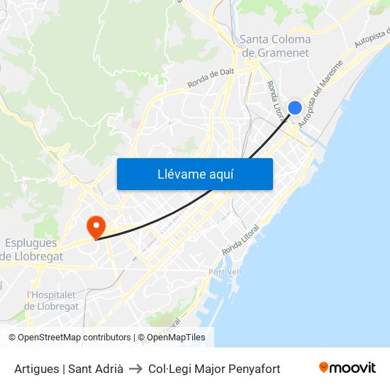 Artigues | Sant Adrià to Col·Legi Major Penyafort map
