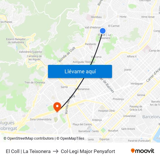 El Coll | La Teixonera to Col·Legi Major Penyafort map