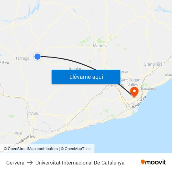 Cervera to Universitat Internacional De Catalunya map