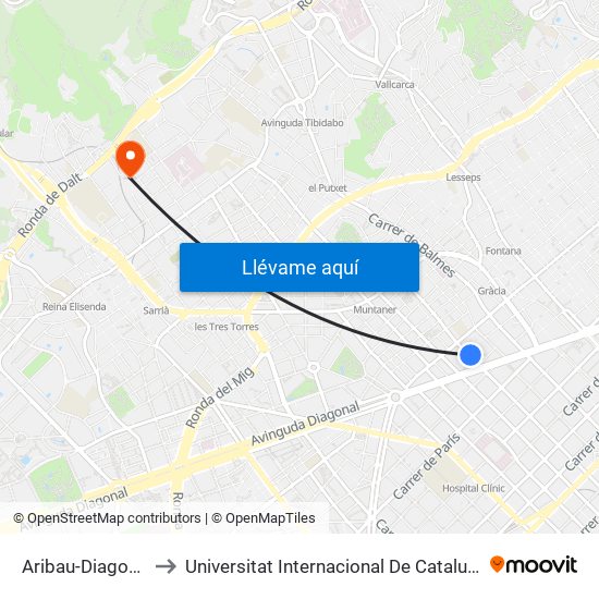 Aribau-Diagonal to Universitat Internacional De Catalunya map