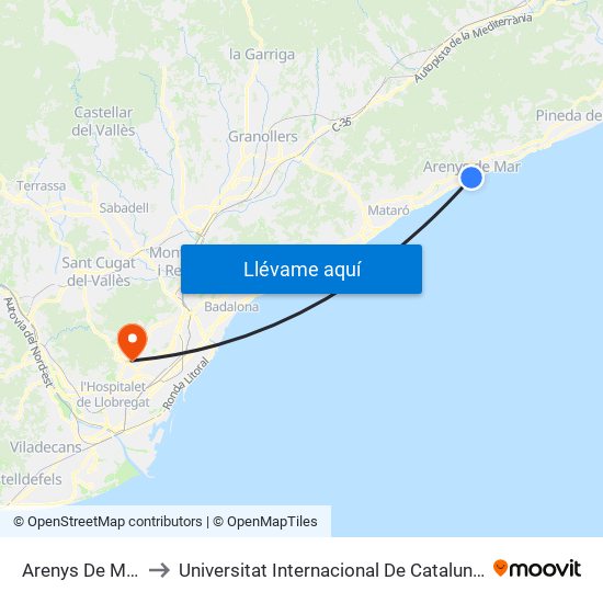 Arenys De Mar to Universitat Internacional De Catalunya map