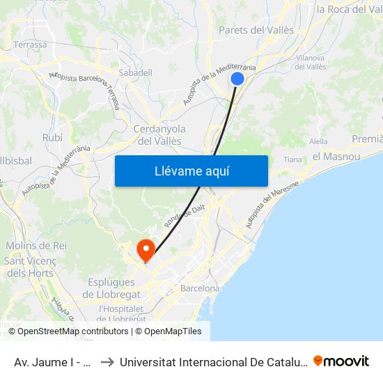 Av. Jaume I - Sol to Universitat Internacional De Catalunya map